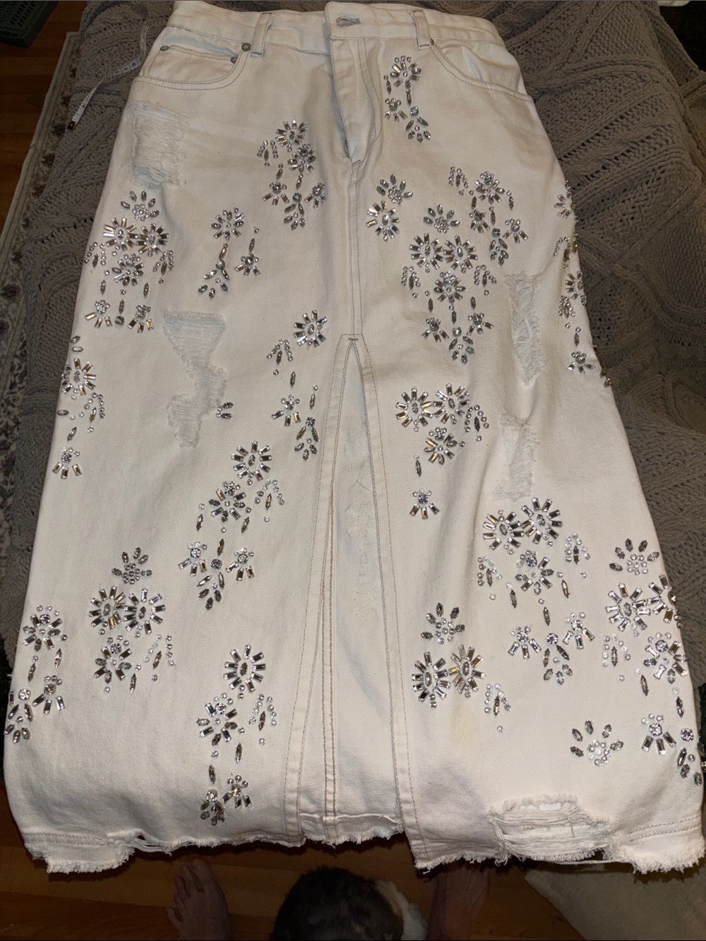 We The Free Ivory Embellished Distressed Pencil Skirt
